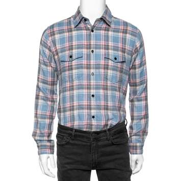 Pre Owned Saint Laurent Blue Checkered Cotton Button Front Shirt M
