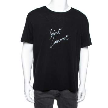 Pre Owned Saint Laurent Black Signature Logo Printed T-Shirt L