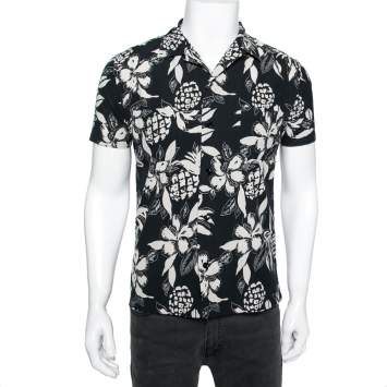 Pre Owned Saint Laurent Black and White Printed Cotton Short Sleeve Shirt S