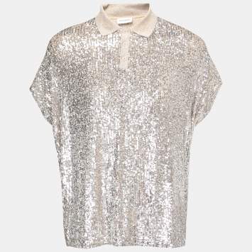 Pre Owned Saint Laurent Silver Sequin Embellished Lurex Knit Polo T-Shirt XXL