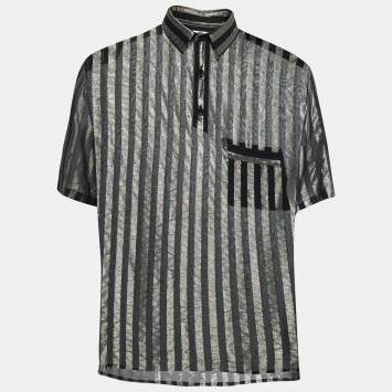 Pre Owned Saint Laurent Black Lurex Striped Silk Short Sleeve Sheer Shirt XXL