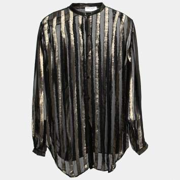 Pre Owned Saint Laurent Black Lurex Striped Silk Button Front Sheer Shirt XL