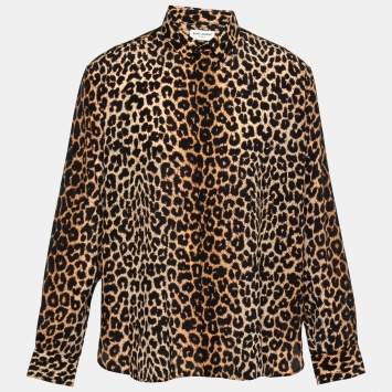 Pre Owned Saint Laurent Brown Leopard Print Oversized Shirt XS