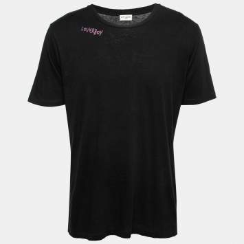 Pre Owned Saint Laurent Black Cotton Lover Boy Print Short Sleeve T-Shirt M