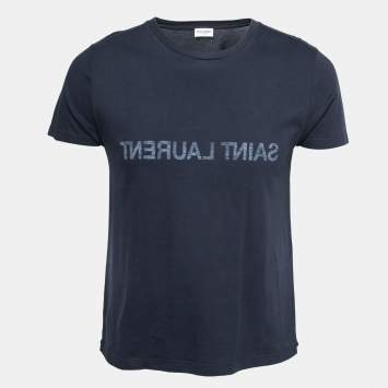 Saint Laurent Cotton Navy Blue Logo Printed Short Sleeve T-Shirt S