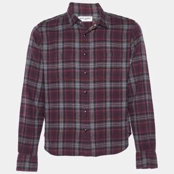 Saint Laurent Burgundy Checked Cotton Button Front Shirt S