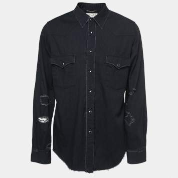 Pre Owned Saint Laurent Black Distressed Denim Full Sleeve Shirt XL