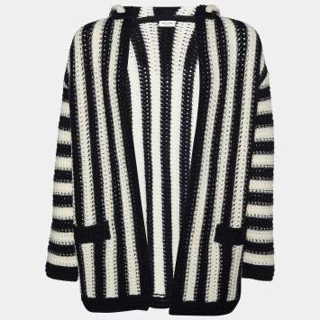 Pre Owned Saint Laurent Monochrome Striped Crochet-knit Wool Hooded Cardigan S