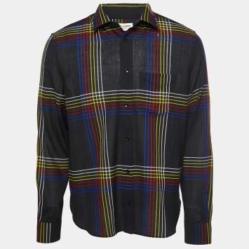 Pre Owned Saint Laurent Black Striped Wool Button Front Full Sleeve Shirt M