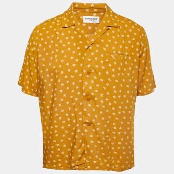 Pre Owned Saint Laurent Paris Mustard Yellow Floral All-Over Motif Crepe Button Front Half Sleeve Shirt M