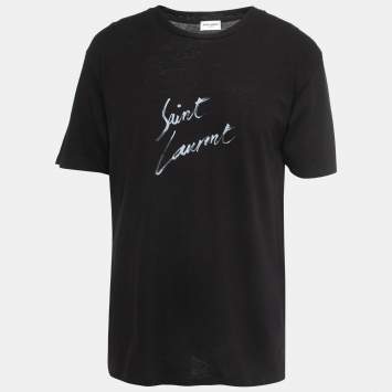 Saint Laurent Black Signature Logo Print Cotton Crew Neck T-Shirt M