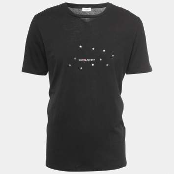 Pre Owned Saint Laurent Paris Black Stars Archive Logo Print Cotton Crew Neck T-Shirt M
