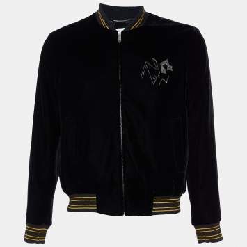 Pre Owned Saint Laurent Paris Black Embellished Velvet Contrast Rib Detail Bomber Jacket M