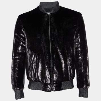 Pre Owned Saint Laurent Paris Black Metallic Lame Bomber Jacket M