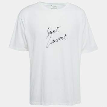 Saint Laurent Off-White Logo Print Cotton Relaxed Fit T-Shirt L