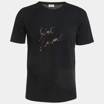 Pre Owned Saint Laurent Paris Logo Print Cotton Raw Back Hem T-Shirt S