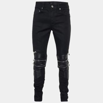 Pre Owned Saint Laurent Black Denim & Leather Skinny Biker Jeans XXL/Waist 37" 