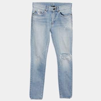 Pre Owned Saint Laurent Paris Blue Denim Distressed Skinny Jeans S/Waist 31"