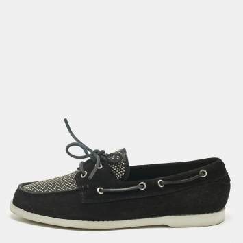 Pre Owned Saint Laurent Black Leather and Suede Studded Deck Loafers Size 43