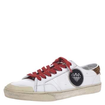 Pre Owned Saint Laurent Paris White Leather And Suede Court Classic SL/37 Diamond Patch Low Top Sneakers Size 41