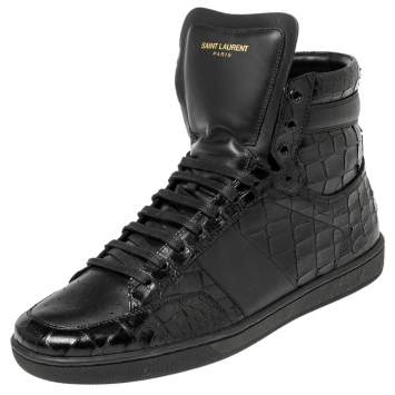 Pre Owned Saint Laurent Black Croc Embossed Leather High-Top Sneakers Size 42.5