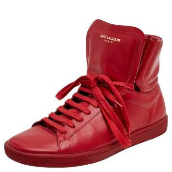 Pre Owned Saint Laurent Red Leather Signature Court Classic SL/01H High Top Sneakers Size 41
