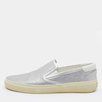Pre Owned Saint Laurent Metallic Silver Glitter Slip On Sneakers Size 43