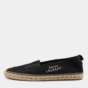 Pre Owned Saint Laurent Black Canvas Embroidered Logo Slip On Espadrilles Size 44