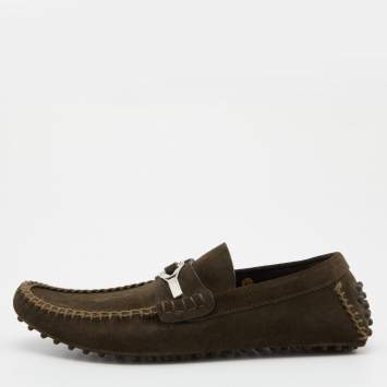 Pre Owned Saint Laurent Olive Green Suede Slip On Loafers Size 42