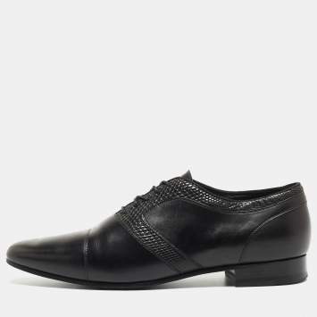 Pre Owned Saint Laurent Black Leather and Embossed Lizard Lace Up Oxfords Size 44