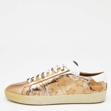 Pre Owned Saint Laurent Gold/White Leather Low Top Sneakers Size 42