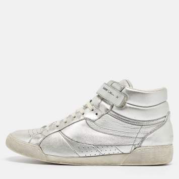 Pre Owned Saint Laurent Silver Foil Leather Perforated High Top Sneakers Size 43.5