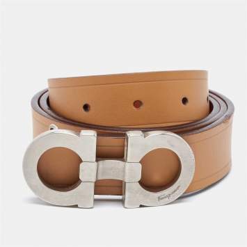 Pre Owned Salvatore Ferragamo Tan/Brown Leather Gancini Reversible Belt 85CM