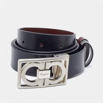 Pre Owned Salvatore Ferragamo Black/Dark Brown Leather Gancini Cut to Size Reversible Belt