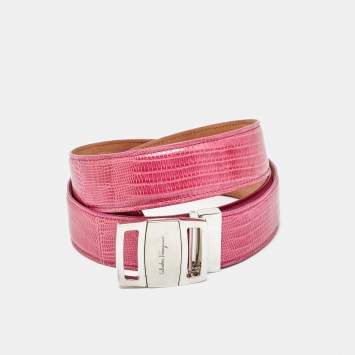 Pre Owned Salvatore Ferragamo Pink Lizard Leather Adjustable Buckle Belt 105CM