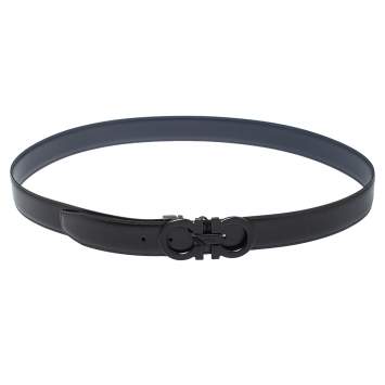 Pre Owned Salvatore Ferragamo Black/Navy Blue Leather Gancini Buckle Belt Size 115CM