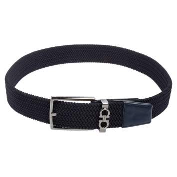 Pre Owned Salvatore Ferragamo Navy Blue Braided Fabric and Lather Gancini Buckle Belt 85CM