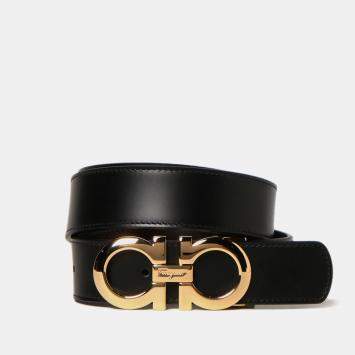 Pre Owned Salvatore Ferragamo Black Leather Gold Tone Buckle Gancini Belt 115
