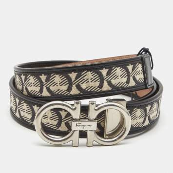 Pre Owned Salvatore Ferregamo Black/White Monogram Canvas and Leather Double Gancio Belt 115CM