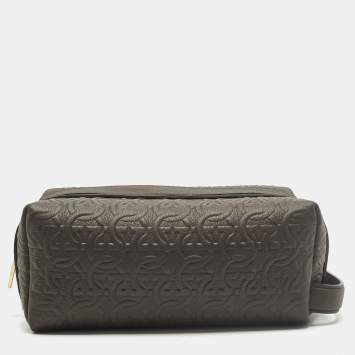 Pre Owned Salvatore Ferragamo Choco Brown Gancini Embossed Leather Toiletry Pouch