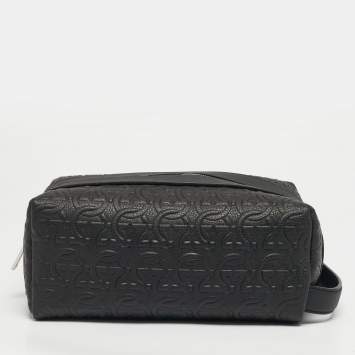 Pre Owned Salvatore Ferragamo Black Gancini Embossed Leather Toiletry Pouch