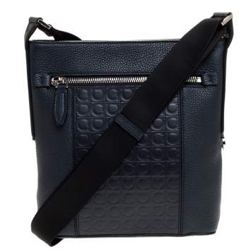 Pre Owned Salvatore Ferragamo Navy Blue Gancio Embossed Leather Messenger Bag