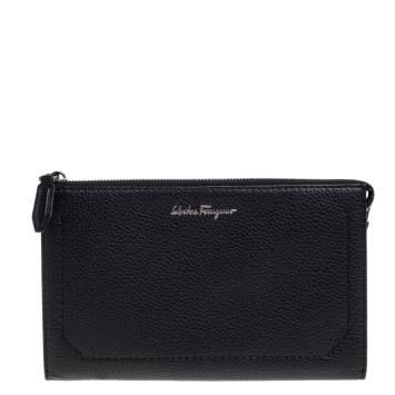 Pre Owned Salvatore Ferragamo Black Leather Zip Clutch