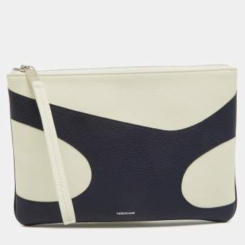 Pre Owned Salvatore Ferragamo Blue/Off White Leather Wristlet Pouch