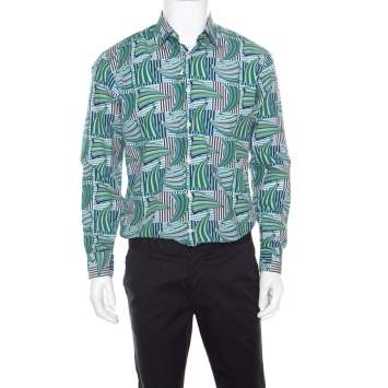 Pre Owned Salvatore Ferragamo Blue and Green Sailboat Printed Cotton Long Sleeve Shirt M