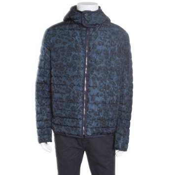 Pre Owned Salvatore Ferragamo Blue Camo Print Hooded Zip Front Quilted Down Jacket XL
