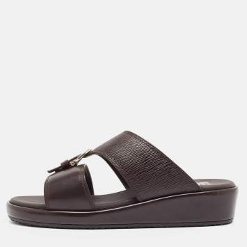 Pre Owned Salvatore Ferragamo Brown Leather Murray Flat Sandals Size 41