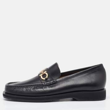 Pre Owned Salvatore Ferragamo Black Leather Gancini Slip On Loafers Size 41.5