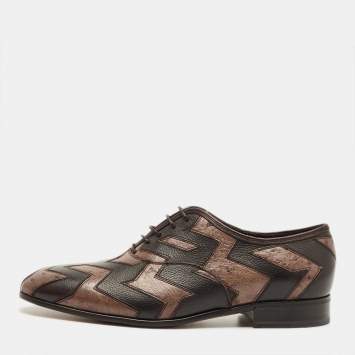 Pre Owned Salvatore Ferragamo Brown Ostrich and Leather Gris Oxfords Size 41