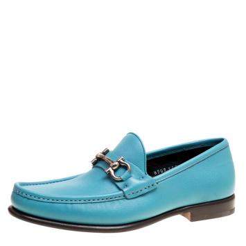 مملوكة مسبقًا Salvatore Ferragamo Blue Leather Mason Gancio Bit Loafers Size 43.5